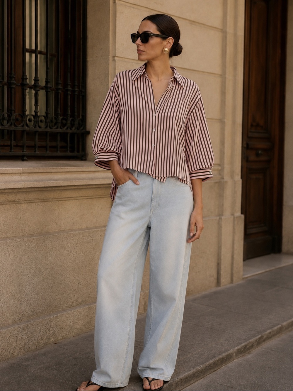 Zara Pink Striped Balloon Sleeve Button Front Shirt Blouse M NWT